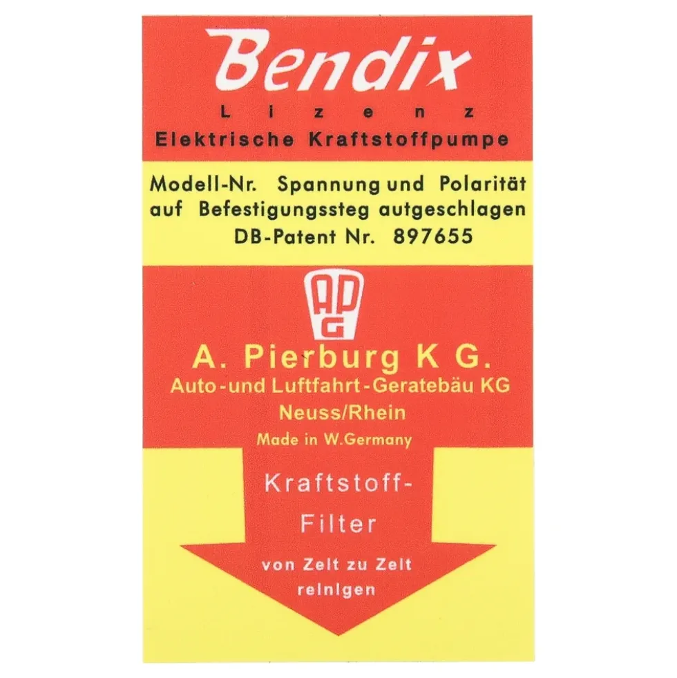 Autocollant BENDIX de pompe à essence pour Porsche 911 type F (1965-1973)