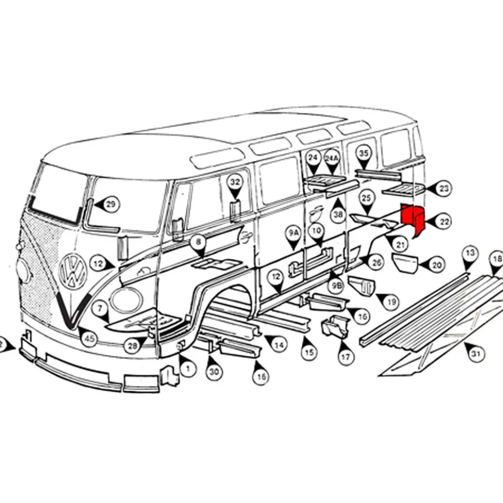 Coin d'aile arrière gauche pour VOLKSWAGEN Combi Bay Window (08/1967-07/1971)