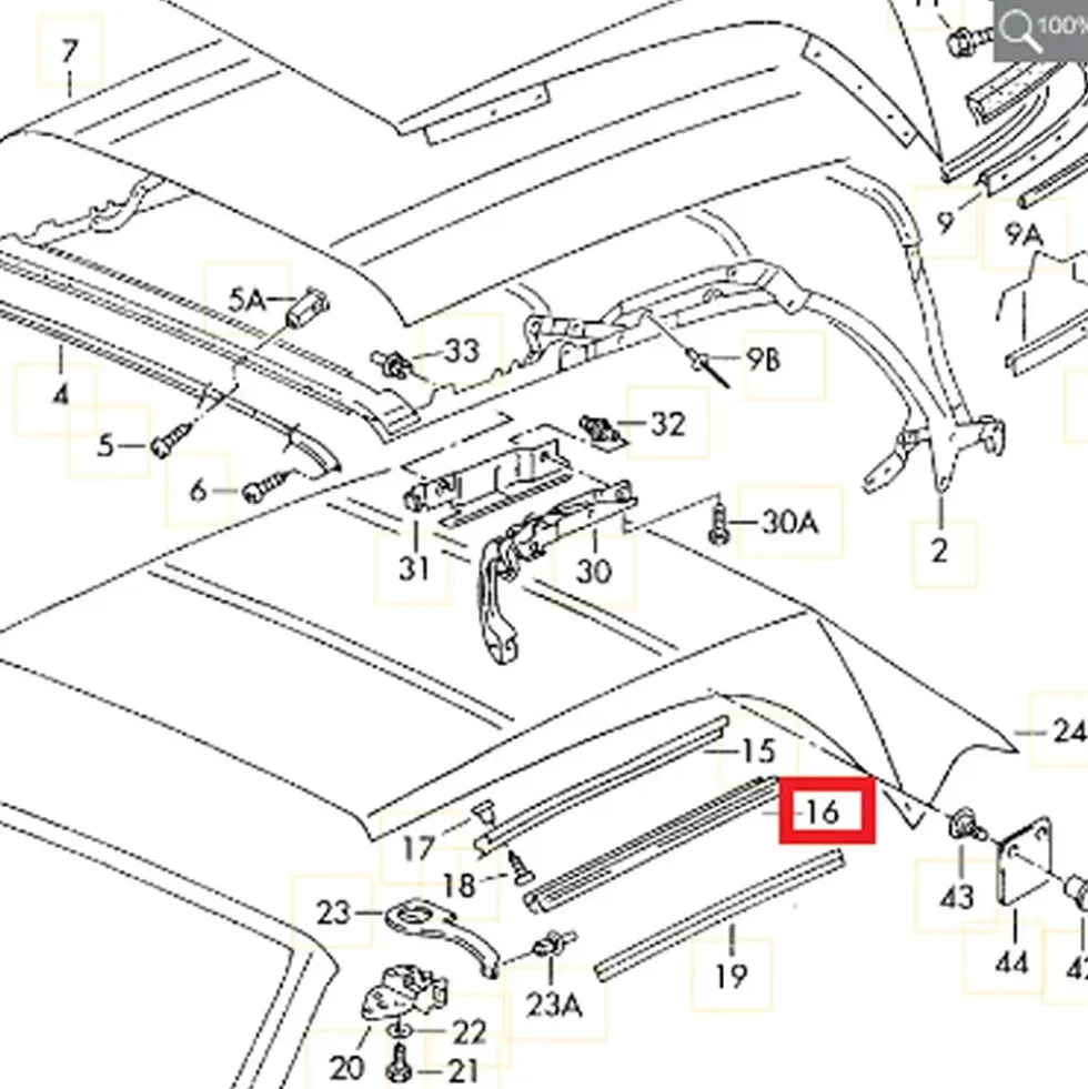 Joint intermédiaire sur haut de vitre gauche pour VW Golf 3 et Golf 4 Cabriolet